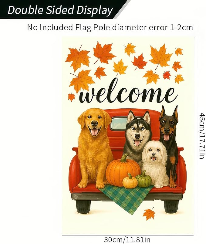 Welcome Fall Garden Flag 12x18 Inch Double Sided Red Truck with Dogs Yard Flags Autumn Pumpkin Leaf Outdoor Decoration Small Flag for Porch Lawn Pet Lovers
