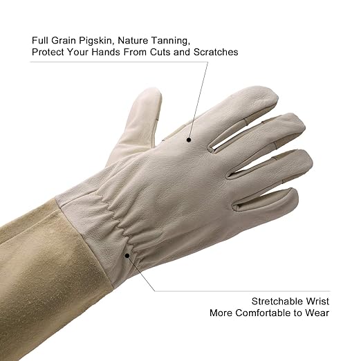 HLDD HANDLANDY Long Sleeve Leather Gardening Gloves,Puncture resistant,Breathable Pigskin Leather Gauntlet,Rose Pruning Floral Gauntlet Garden Gloves For Women and Men (Medium, Beige)