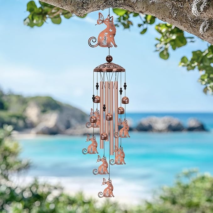 Cat Wind Chimes for Outside, Large Cat Garden Decor Outdoor Wind Chime, Memorial Decor for Women Cat Lover, Kitty Metal 40" Outdoor Windchimes for Lawn, Porch, Patio, Yard, Christmas