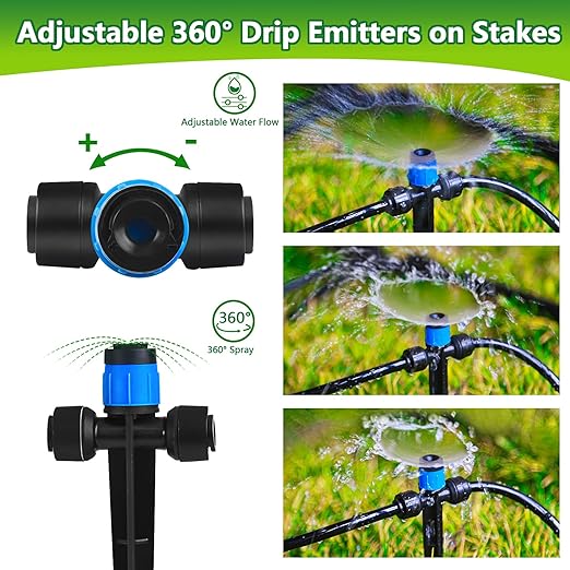 Push-to-Fit Drip Irrigation Vortex Emitters for 1/4" Drip Irrigation Tubing, 20 Pcs Adjustable 360 Degree Water Flow Fan Shape Drippers with Stake in-Line Drip System Emitter