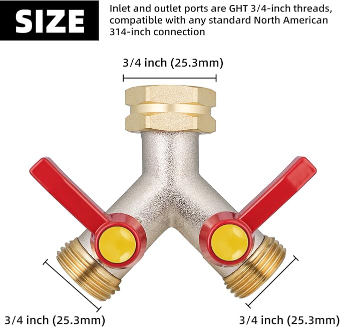 2 Way Hose Splitter, Brass High Flow Garden Hose Splitter Heavy Duty, Hose Connector, Water Spigot Splitter, Full Flow Faucet Splitter with shutoff, 3/4” GHT Inlet