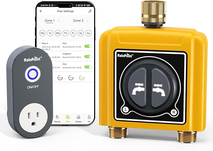 RAINPOINT WiFi Water Timer with Brass Inlet & Outlet,2 Zone WiFi Hose Timer for Lawn,WiFi Sprinkler Controller via APP/Voice Control,Automatic Watering System by Time/Weather/Quantity/Soil Moisture