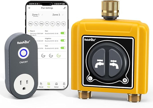 RAINPOINT WiFi Water Timer with Brass Inlet & Outlet,2 Zone WiFi Hose Timer for Lawn,WiFi Sprinkler Controller via APP/Voice Control,Automatic Watering System by Time/Weather/Quantity/Soil Moisture