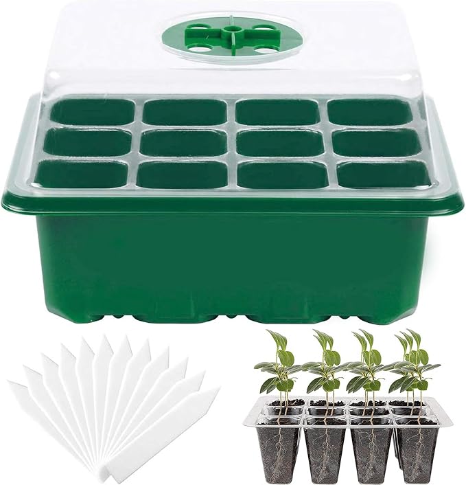 Seed Starter Tray, 12 Set Seedling Kits with Adjustable Humidity Dome, Plant Starter Kit for Seeds Growing Starting (12 Cells per Tray)