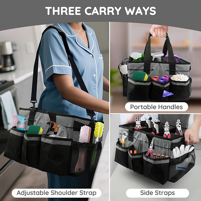 ZKOO Large Cleaning Caddy Bag with Handle, Built-in Sturdy Support Board, Adjustable Shoulder Strap, Multi-compartment Design Cleaning Supply Tote for Cleaners & Housekeepers (Gray)