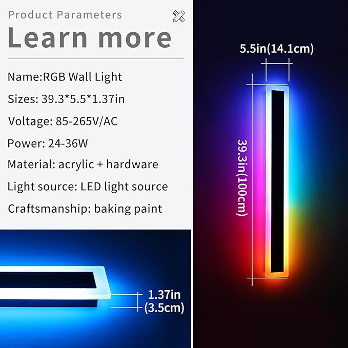 Widened 2 Pack Long RGB LED Wall Lights, 39.3inch Modern Dimmable Outdoor Sconces, 10 Colors, Remote Control, IP65 Waterproof, Garage Wall Mount Lighting Fixtures for Entryway, Yard, Patio