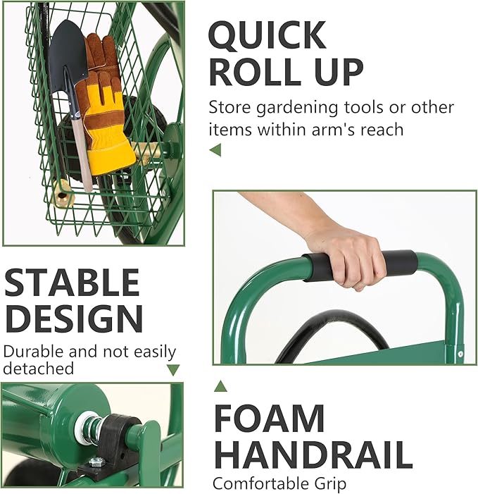 Hose Reel Hold Up To 300 Ft Heavy Duty Garden Hose Reel Sturdy Water Hose Reel Cart with 4 Wheels Storage Basket for Garden Lawn Yard Outdoor (Green)