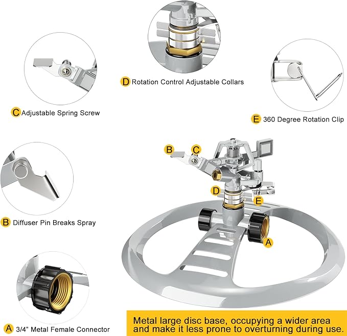 ESOW Metal Pulsating Sprinkler with Heavy Duty Metal Base, Garden Lawn Sprinkler 360 Degree Rotating with Adjustable Spray Pattern for Garden Lawn, Outdoor, Water Coverage up to 5,800 Sq.