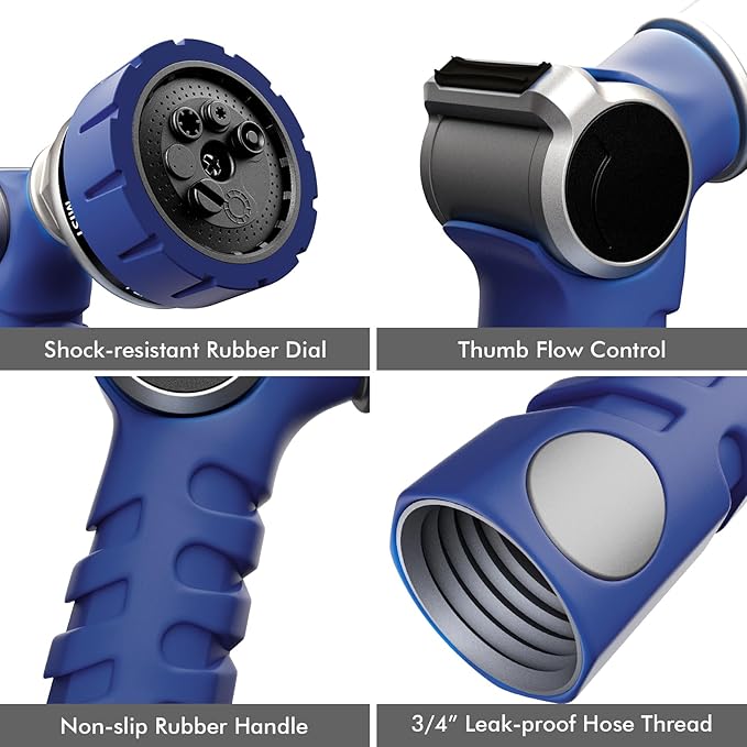 RESTMO Heavy Duty Hose Nozzle, Metal Garden Water Hose Sprayer with 7 Watering Patterns, Thumb Control, On Off Valve, High Pressure Nozzle Sprayer for Watering Plants, Car and Pet Washing, Blue