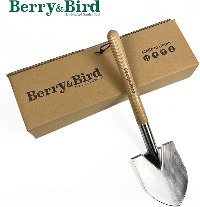 Berry&Bird Short Hand Shovel, 19.8’’ Digging Trowel for Gardening with Wood Handle Stainless Steel Round Point Spade Shovel with Serrated for Cutting, Transplanting & Weeding