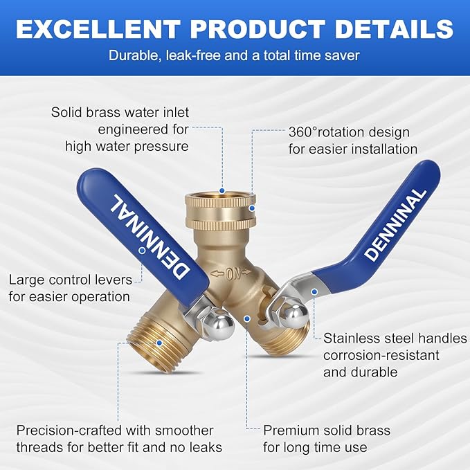 Brass Garden Hose Splitter 2 Way Heavy Duty with 304 Stainless Steel Long Handle, Outdoor Full Flow Hose Bib Splitter Connector, Y Valve 3/4 Inch GHT Thread