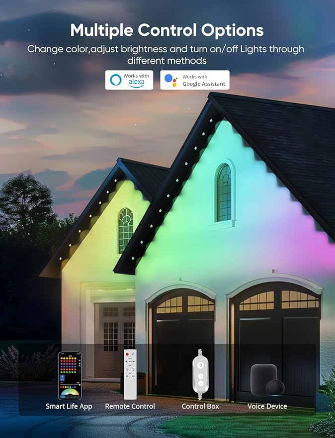 APPECK Permanent Outdoor Lights 50ft,RGBW Eaves Light with 36 LED Lights,111+ Scenes Modes Outdoor Lighting, Waterproof Permanent Light for Daily Holiday Halloween Decorations, Works with Alexa,White