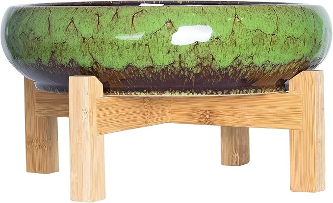 ARTKETTY Succulent Pot, 10 Inch Large Succulent Planter Pot with Stand, Ceramic Bonsai Pot with Mess Drainage Screen Shallow Cactus Flower Pot for Indoor/Outdoor Plants