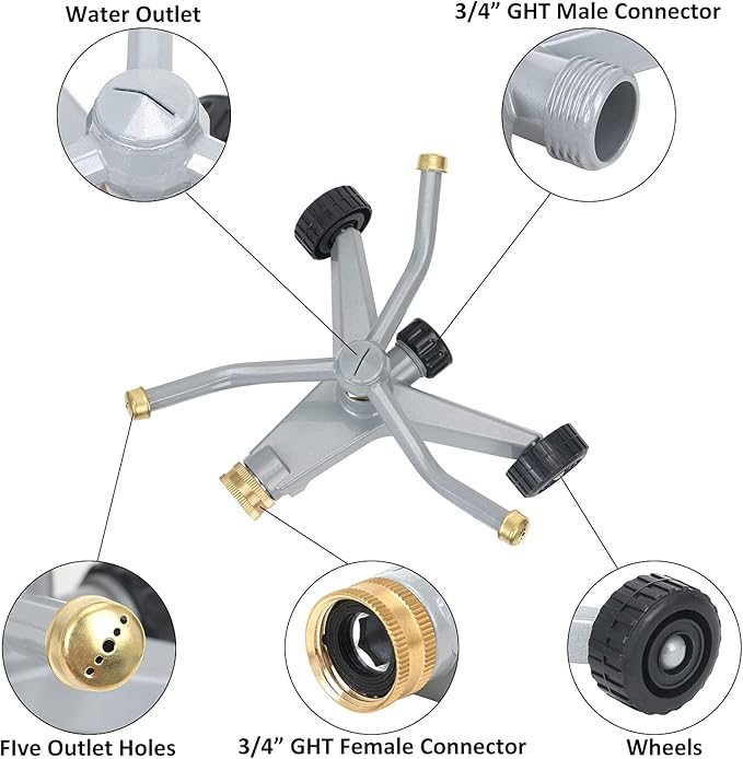 STYDDI Metal Rotating Water Sprinkler for Lawn, Heavy Duty Metal 3-Arms Whirling 360 Degree Automatic Rotary Sprinkler with Wheeled Base for Small Areas, Garden, Yard, Cover up to 1,384 Sq. ft.