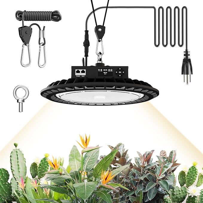 Hanging Grow Light for Indoor Plants, Full Spectrum LED, 200W High PPFD, Dimmable with Timer & Daisy Chain, IP65 Waterproof Grow Light, for Seed Starting, Vegetative, Bloom & Fruiting