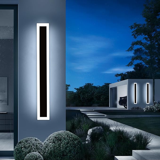 Upgrade Widened 2 Pack Long Outdoor Modern LED Wall Light, 47.2inch Large Black Wall Sconce, 3 Color 3000K/4500K/6000K, IP65 Waterproof, 41W, Exterior Lighting Fixture for House, Fence, Yard, Patio
