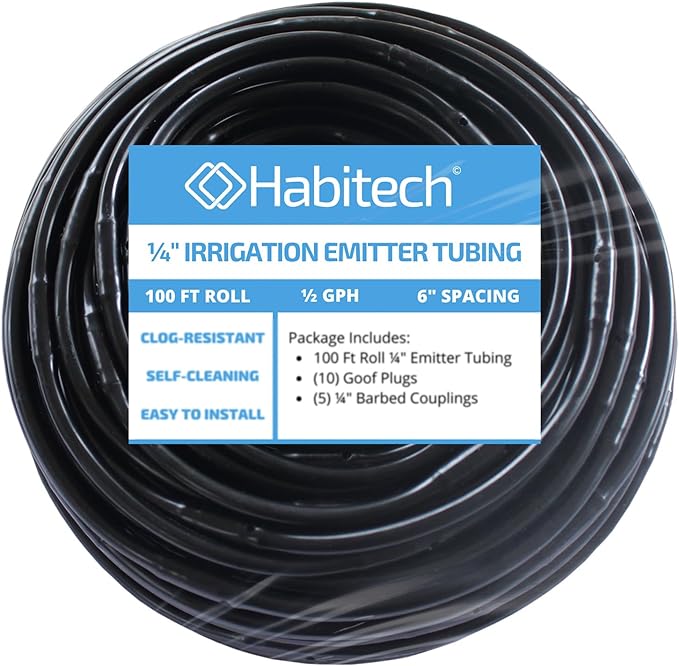 1/4" Irrigation Dripline Tubing (100 Ft Roll) - 6" Emitter Spacing - 1/4" Drip Irrigation Fittings Included