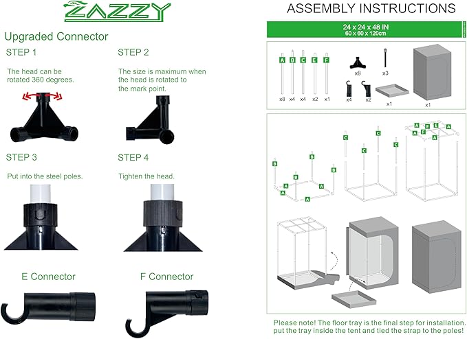 zazzy 2x2 Grow Tent 24"x24"x48"600D Mylar Hydroponic Indoor Plant Grow Tents with Observation Window, Tool Bag and Removable Waterproof Floor Tray for Plants