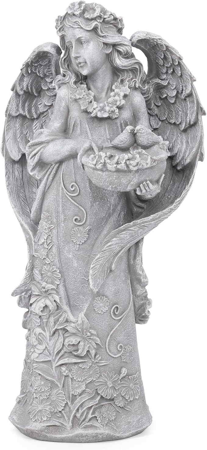 Hanna Roberts Outdoor Statues Angel Décor Garden Statue- 23.5" H Angel Statue,Resin Angel with Bird Figurine, Ideal for Yard, Patio, Deck, Home Entryway, and Hallway(Grey)