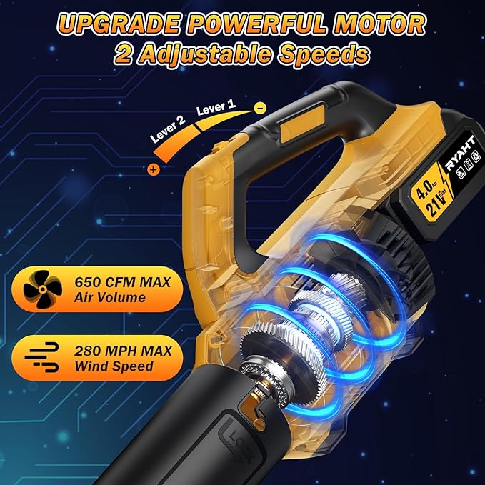 RYAHT Leaf Blower Cordless, 21V Powerful Electric Leaf Blower with 2 X 4.0Ah Batteries and Charger, 2 Speed Modes, Handheld Lightweight Leaf Blowers for Lawn Care, Patio, Dust, Blowing Leaves, Yellow