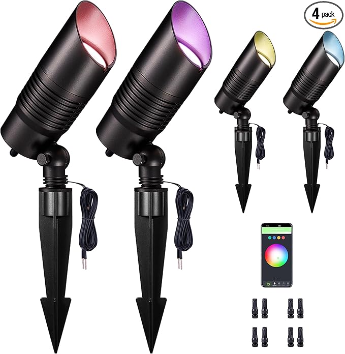 RGBCW Landscape Spotlights Low Voltage - Smart Color-Changing LED 12V Uplights, Spot Lights Outdoor Waterproof, App Control Works with Alexa, Aluminum Black for Outside Trees Wall 4 Pack