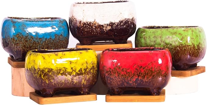 ARTKETTY Succulent Pots - 4.7 Inch Ceramic Succulent Planters Pots with Drainage Set of 5, Rectangular Bonsai Pots with Bamboo Trays Small Pots for Indoor Cactus Flower Plants for Home Office Decor