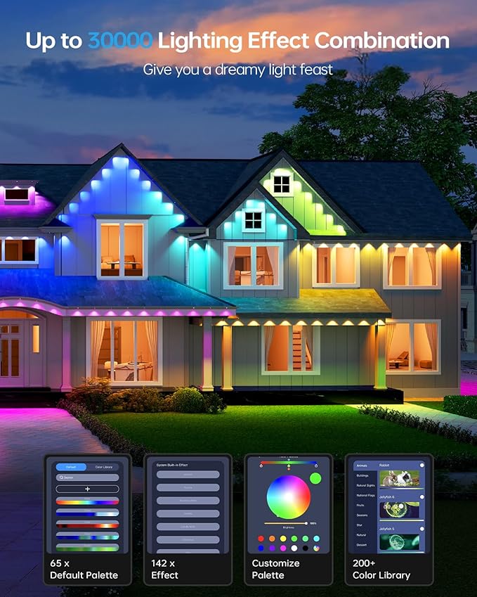 ASAHOM Permanent Outdoor Lights Pro S108D, 200FT with 144 RGBCW LEDs, WLED Integration, AI Lighting, 30000 Lighting Effect Combination, IP67 Waterproof for Halloween Christmas Daily Decor, Black