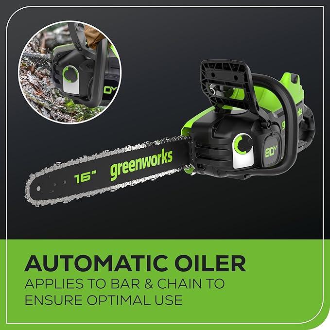 Greenworks 80V 16" Brushless Cordless Chainsaw (Great For Tree Felling, Limbing, Pruning, and Firewood), 75+ Compatible Tools, 2.5Ah Battery and Charger Included