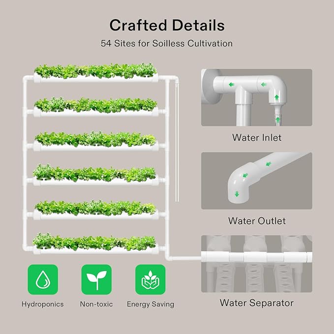 VIVOSUN Hydroponic Grow Kit, 54 Plant Sites 6 Food-Grade PVC-U Pipes Hydroponics Planting System with Water Pump, Pump Timer, Nest Basket and Sponge for Leafy Vegetable