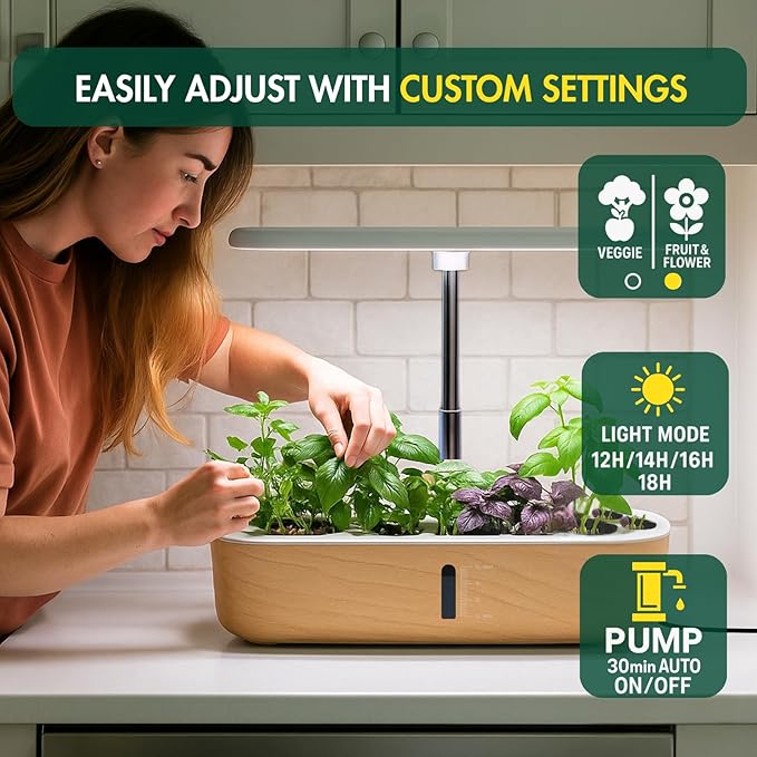 Hydroponics Growing System Kit, Indoor Herb Garden, 14 Pods Upgraded LCD Display, LED Grow Light Quiet Smart Water Pump Automatic Timer, Hydroponic Planter for Home Kitchen Office