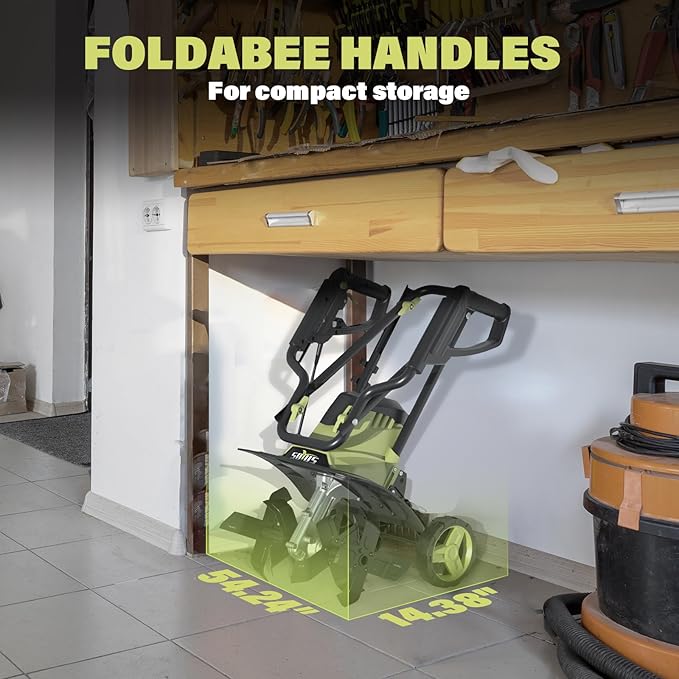 SOYUS 14 Inch Electric Tiller Cultivator 12 Amp Corded Tiller for Gardening, Garden Tiller with Folding Handle, 4 Steel Tines Wheeled Rototiller for Lawn Yard Soil Tilling