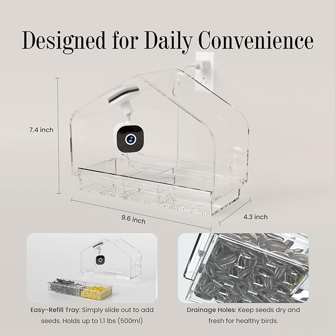 Smart Window Bird Feeder with Camera, 24/7 Powered for 2K HD Live View & AI Species ID, Wild Bird House with 3 Strong Suction Cups, Gift for Bird Watchers (Clear)