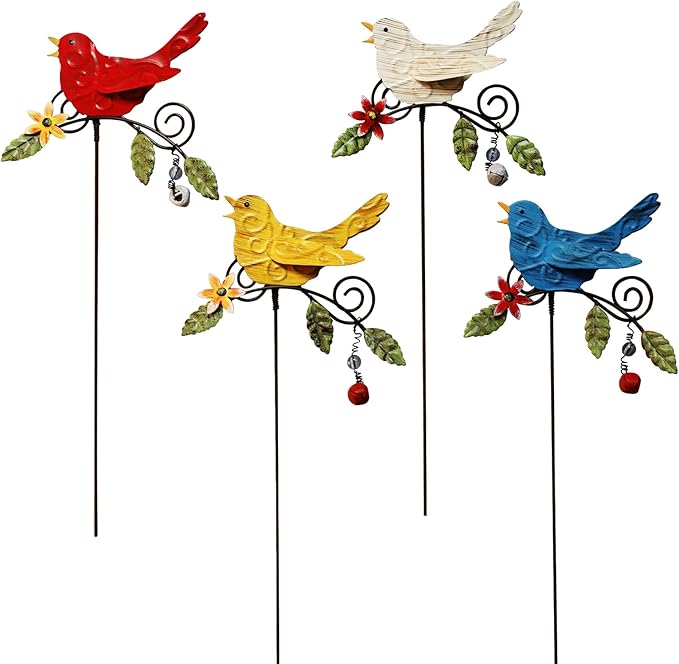 KEDONCHEN.4 Pack Metal Bird Decorative Garden Stakes, Spring Garden Decor,Indoor Outdoor Lawn Pathway Patio Ornaments, 14.2 Inch Outdoor Metal Garden Decor Shaking Head Yard Art …