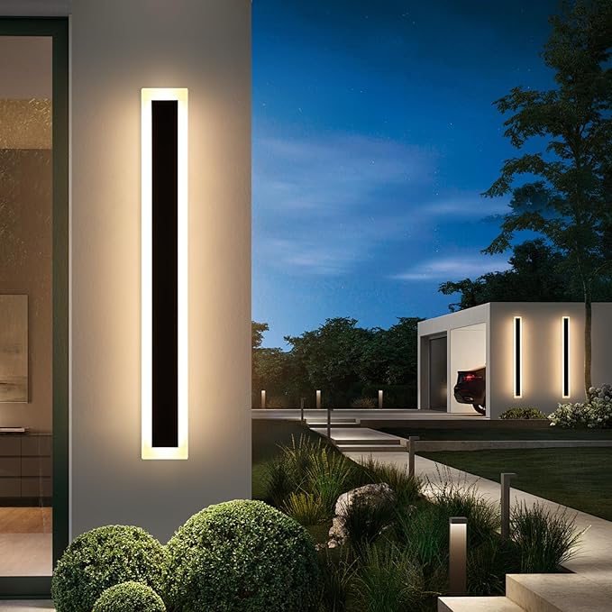 Upgrade Widened 2 Pack Modern Outdoor Wall Sconce, 47.2inch Dimmable Exterior LED Light Fixture 3000K-6000K, IP65 Waterproof, Black Wall Mounted Lamp for Balcony, Garden, Shop with Remote Control