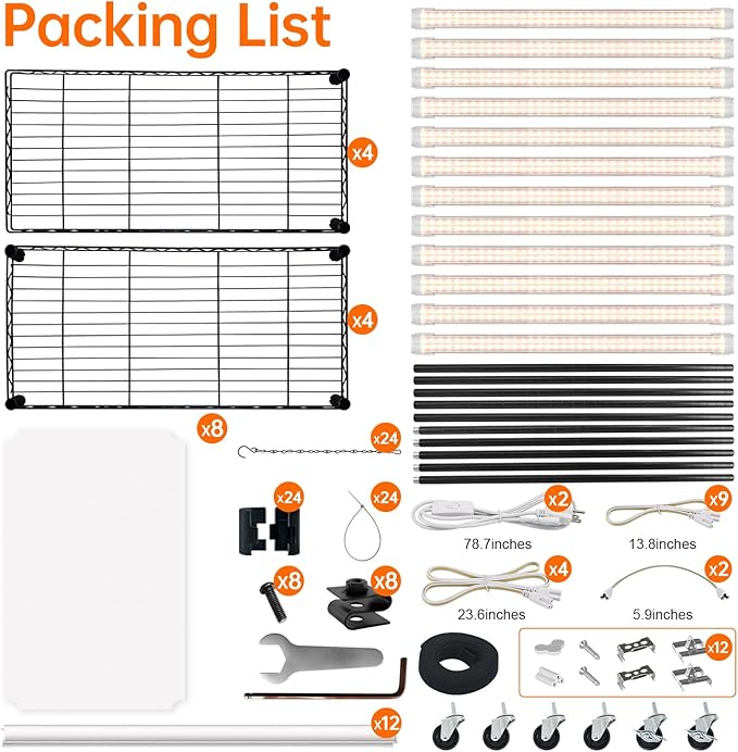 Bstrip Plant Shelf with Grow Light, 4-Tier Large Grow Light Shelf with Wheels, Stainless Steel, 12-Pack 288W T8 Full Spectrum Grow Lights for Seed Starting(57.4" L x 13.8" W x 59" H)