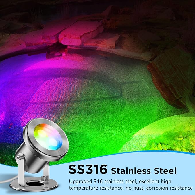 LED Pond Lights, 12W RGB SS316 Stainless Steel Dimmable Underwater Pond Light, 2x6W IP68 Waterproof Submersible Fountain Lights APP Control, 12V Outdoor Waterproof Light Transformer Timer, 26ft Cord