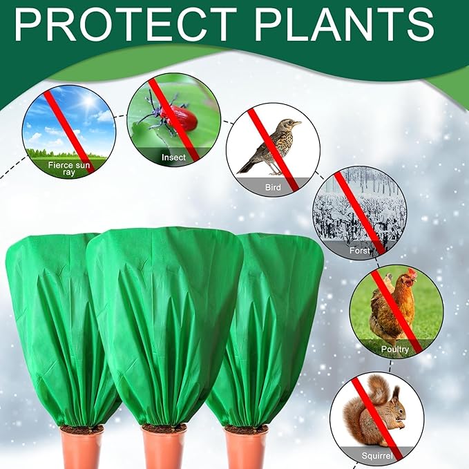 8 Pcs Plant Covers Frost Protection Bag 39.3" x 39.3" Winter Reusable Plants Jacket with Drawstring Shrub Protection Wraps Bags Frost Blanket for Winter Outdoor Garden Plants