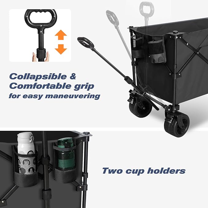Chihee Garden Cart Collapsible Outdoor Utility Wagon Cart,Folding Beach Cart Oversized Capacity 254L,Heavy Duty Portable Wagon All Terrain Wheels Oversized Side Pocket 2 Drink Holders for Camping