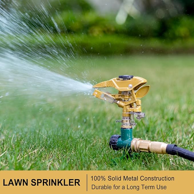 FANHAO Heavy Duty Pulsating Lawn Sprinkler on Spike Base, 100% Metal Impact Sprinkler with Adjustable Spray Pattern for Lawn Yard Irrigation, 360 Degree Large Area Coverage, Covers Up to 5800 sq. ft