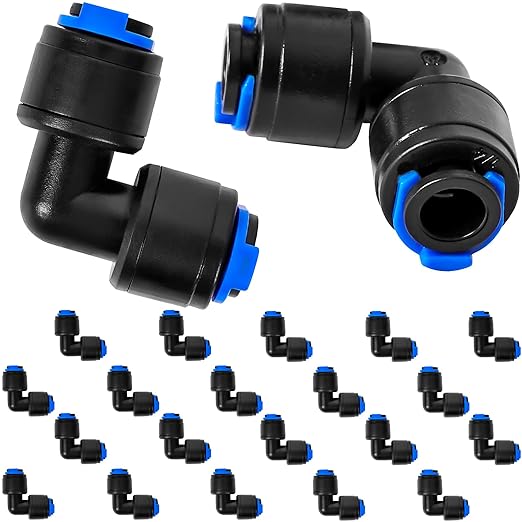 20 Pack 1/4" Universal 90 Degree Elbow Fitting, Quick Connect Universal Drip Irrigation Tubing Coupling Valve, Connector Locking Fitting for Sprinkler or Drip Irrigation System