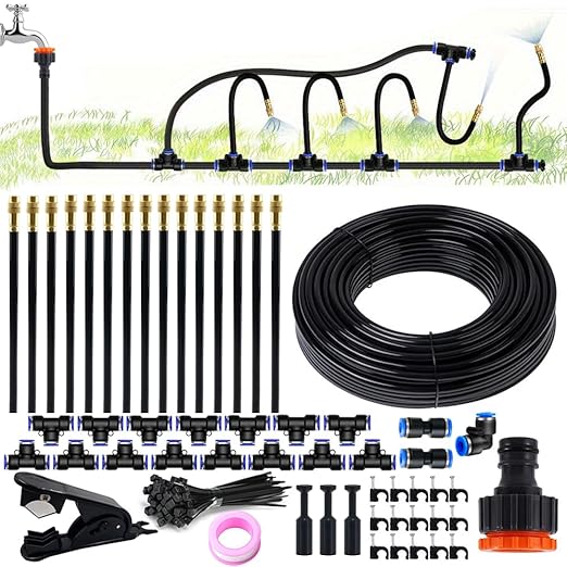 49.2FT/15M 1/4 Inch Tubing Drip Irrigation System Kit Automatic Garden Irrigation Equipment Adjustable Quick Connector Watering Misting for Outdoor Yard Lawn Raised Bed Greenhouse