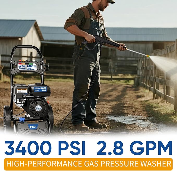 TOOLCY 3400 PSI Gas Pressure Washer, High-Performance 212cc OHV Engine, Reinforced Pump. Onboard Soap Tank, 30FT Hose, Spray Gun & 5 Nozzles, Max 2.8 GPM, Great for Cars/Driveways/Homes/Patios/Boats