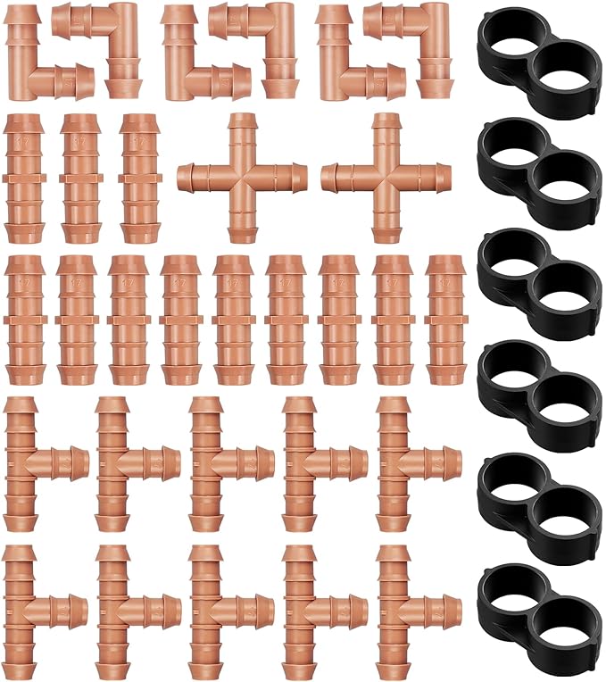 36 Pieces Drip Irrigation Kit:Drip Irrigation Parts for 1/2 Inch Drip Irrigation Tubing with 17mm 0.600" ID Drip Barbed Connectors Including 12 Couplings 10 Tees 6 Elbows 6 Plugs 2 Crosses