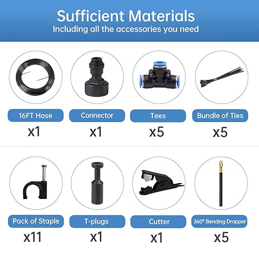 360° Automatic Drip Irrigation Kit - 5/16'' Tubing, Adjustable Universal Spray Nozzle, Copper Atomizing System for Garden/Lawn/Greenhouse - Multi-Directional Rotation, Quick Connectors, 16FT