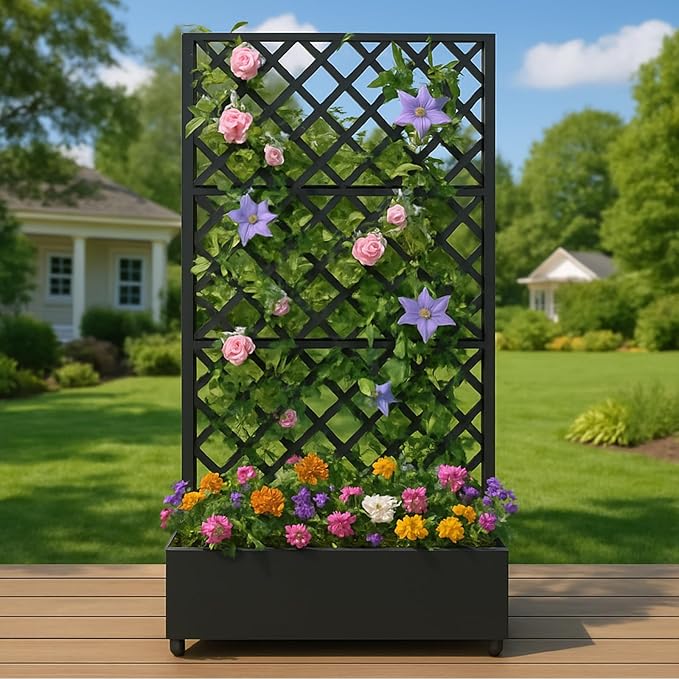 Metal Planter Box with Diamond Lattice Trellis - 72"x47" Galvanized Raised Garden Bed on Wheels for Climbing Plants and Vines, Black Finish