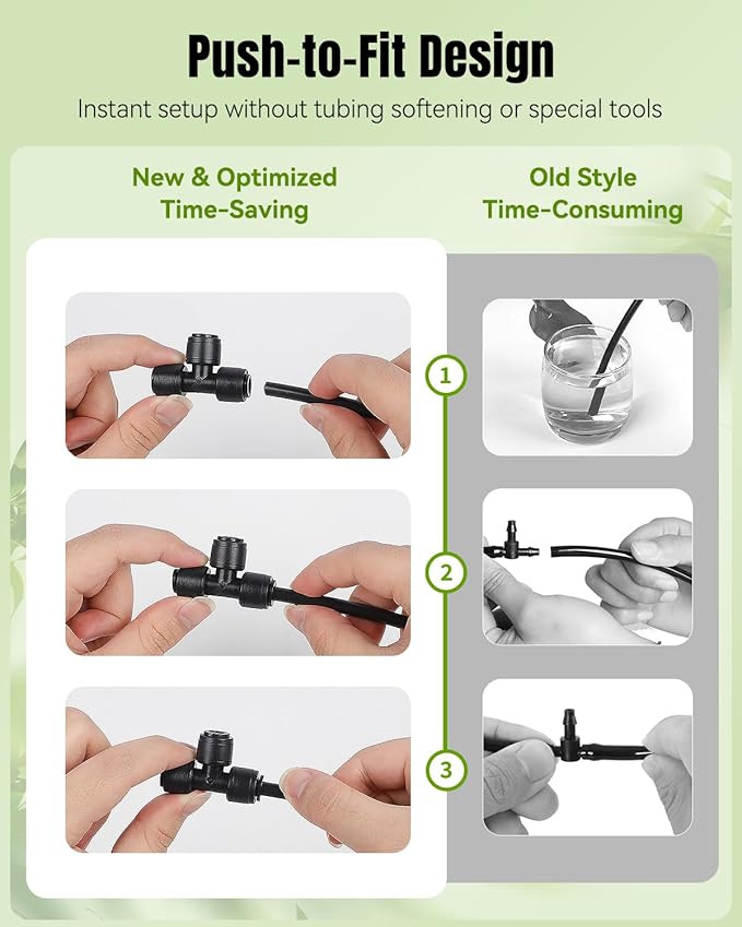 Pawfly 40 Pcs Quick Connect Drip Irrigation Fittings Kit for 1/4" Tubing, Push-to-Fit Drip Line Connectors Set with 10 Tees, 10 Couplings, 10 Elbows & 10 End Plugs, Anti-Leak Drip Irrigation Parts