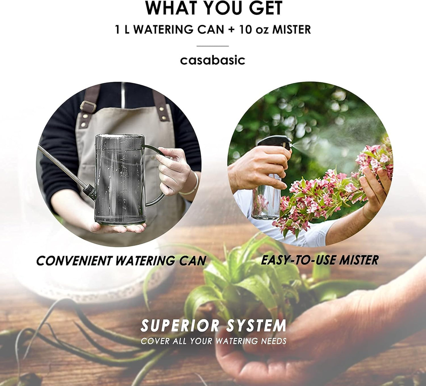 Watering Can Indoor, Small Watering Cans for House Plants, Succulents and Flowers, Long Spout, 1 Liter, with Bonus Plant Mister Spray Bottle