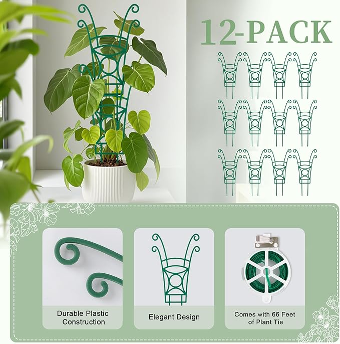 12 Pack Stackable Plant Trellis for Potted Plants, Garden Trellis Supports Peas, Ivy & Flowering Vines, Plastic Climbing Plant Support (Green)