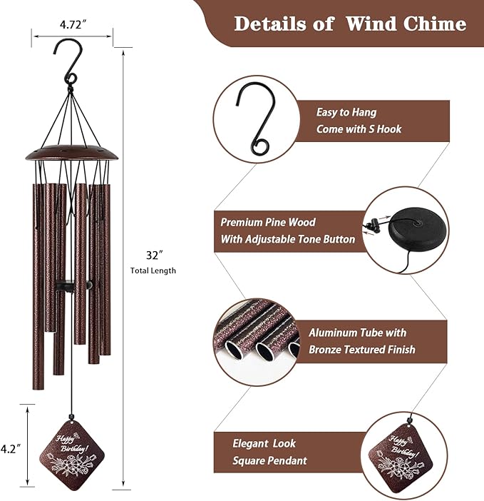 Birthday Gifts for Women Men, Unique Birthday Gift Ideas for Her, Friends, Coworkers, Colleague, 32" Bronze Wind Chimes