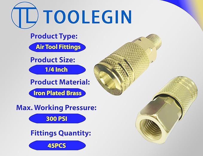 1/4" Air Hose Fittings Kit, 45 Pieces Quick Connect Air Compressor Fittings, Iron Plated Brass Air Tool Fittings, 300 PSI
